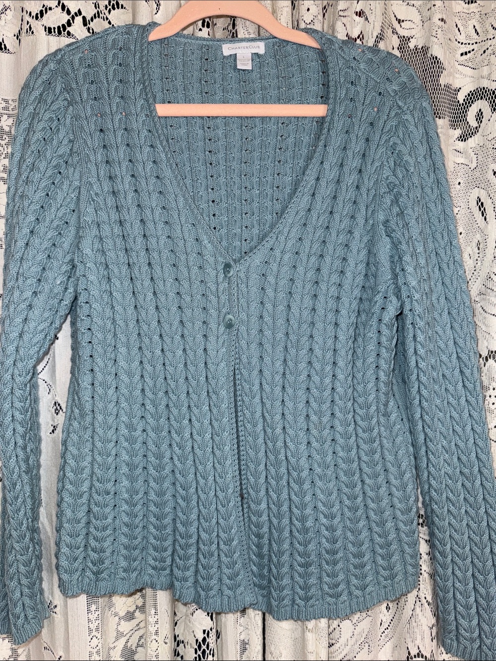 Charter Club Light Blue Cable Knit V-Neck Cardigan